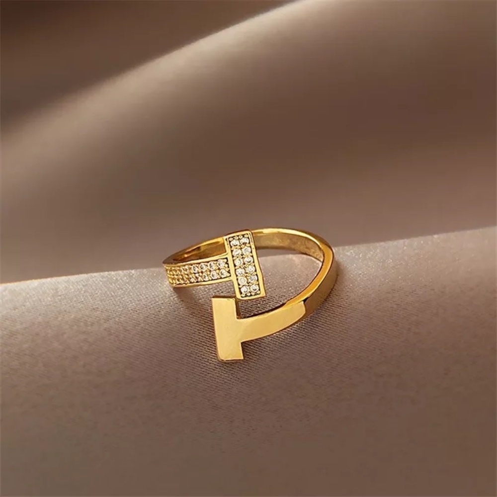 Classic Simple Letter T Luxury Zirconia Open Adjustable Ring